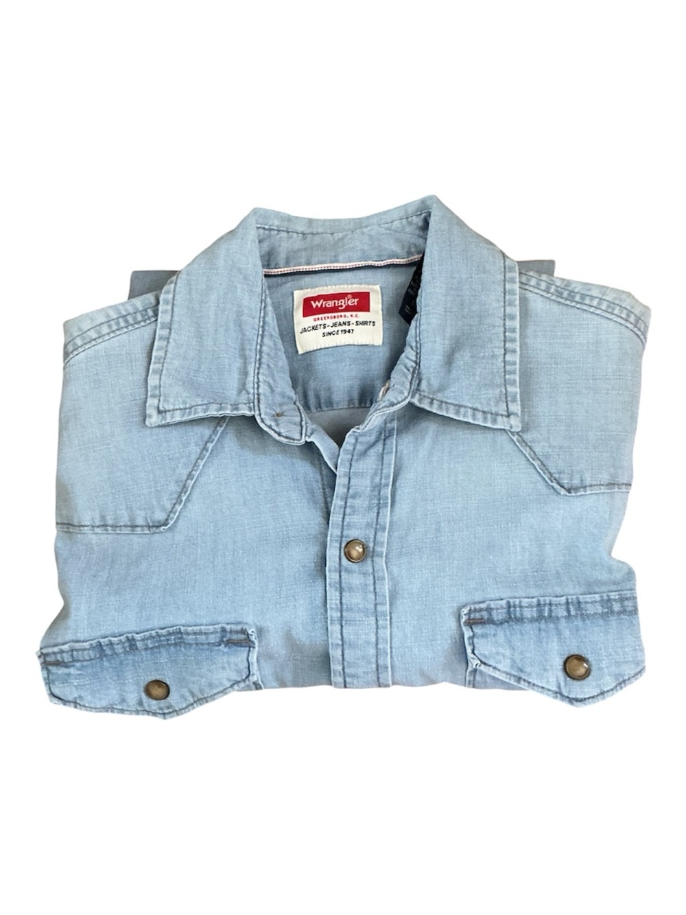Wrangler Men’s Denim Snap Blue Jean Shirt Sz S Like NEW